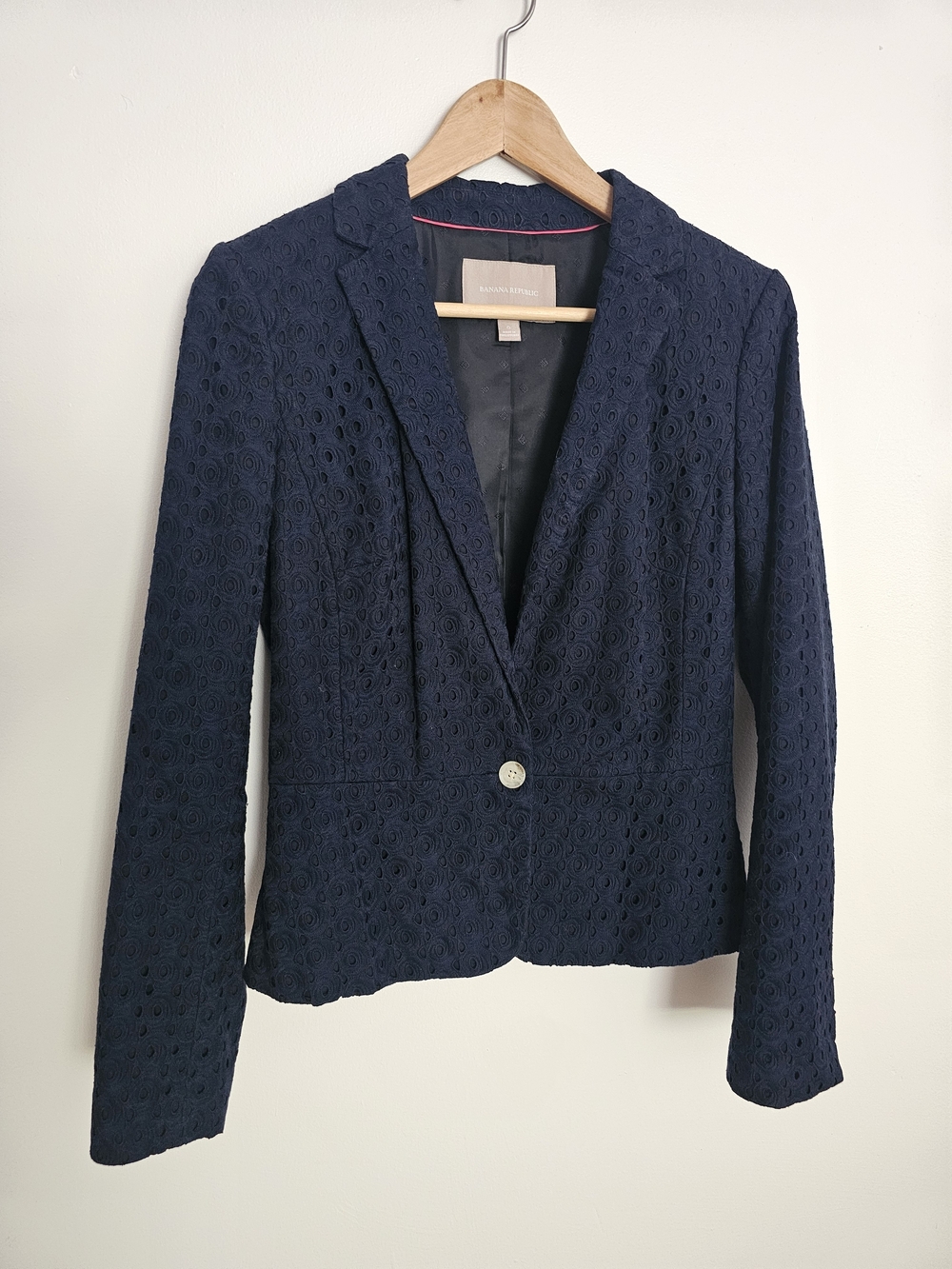 Banana Republic Navy Eyelet Lace Blazer Jacket Size 6 100% Cotton Office Wear